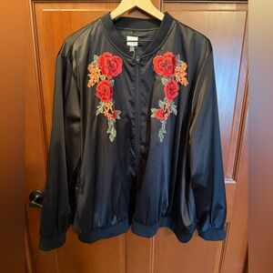 Stylish Black Bomber Jacket with Floral Embroidery